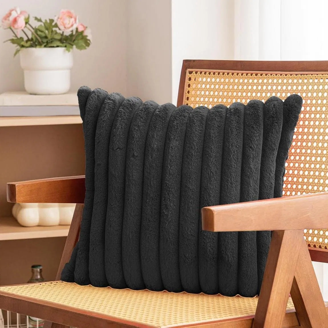 Faux Plush Decorative Throw Pillow Double-Sided, Striped Soft Cushions For Sofa,Big Plush Corduroy Pillow,Decorative Throw Pillow,Ribbed Design, Black
