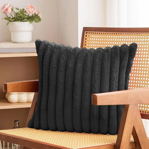Faux Plush Decorative Throw Pillow Double-Sided, Striped Soft Cushions For Sofa,Big Plush Corduroy Pillow,Decorative Throw Pillow,Ribbed Design, Black