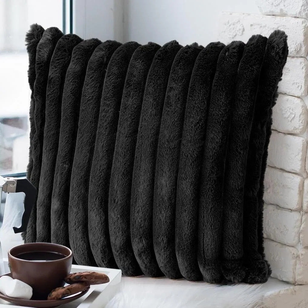 Faux Plush Decorative Throw Pillow Double-Sided, Striped Soft Cushions For Sofa,Big Plush Corduroy Pillow,Decorative Throw Pillow,Ribbed Design, Black