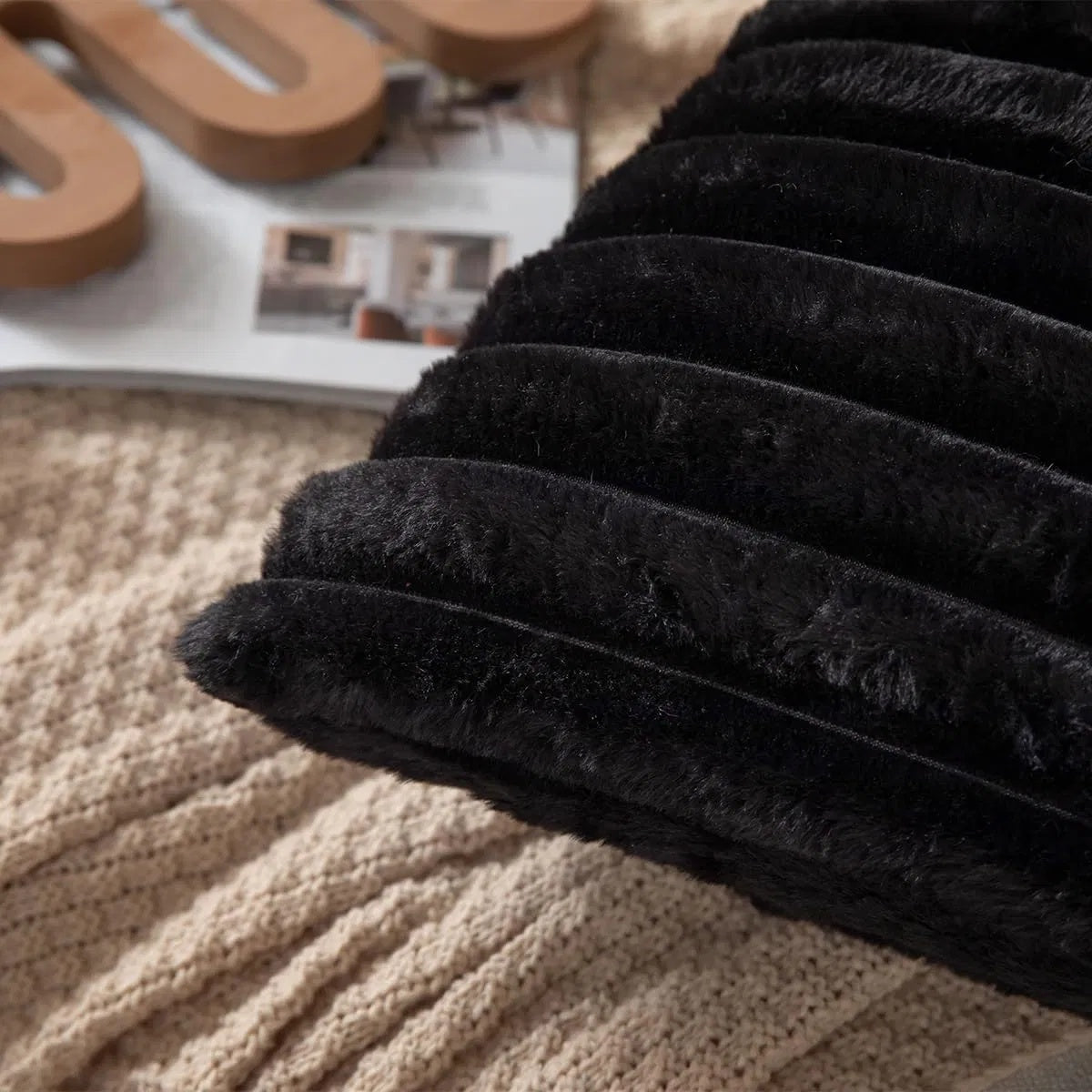 Faux Plush Decorative Throw Pillow Double-Sided, Striped Soft Cushions For Sofa,Big Plush Corduroy Pillow,Decorative Throw Pillow,Ribbed Design, Black