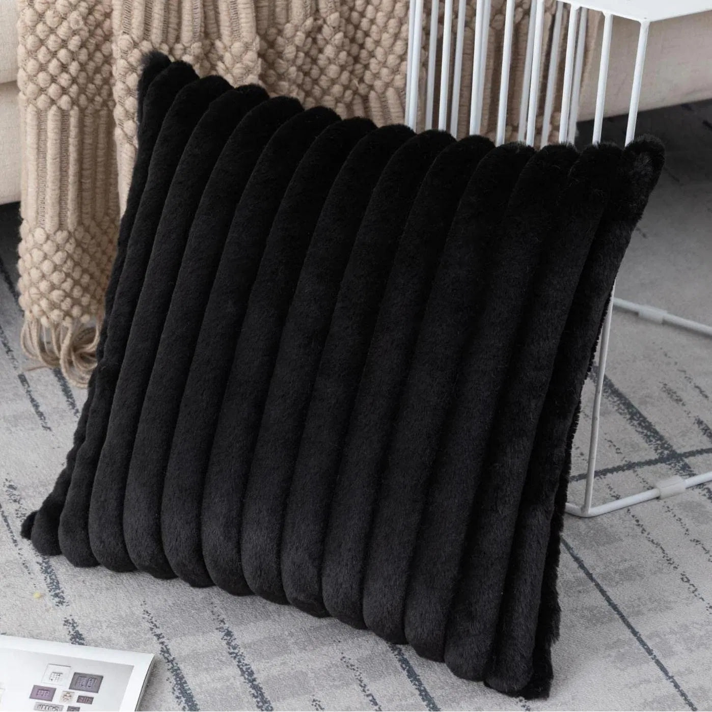 Faux Plush Decorative Throw Pillow Double-Sided, Striped Soft Cushions For Sofa,Big Plush Corduroy Pillow,Decorative Throw Pillow,Ribbed Design, Black