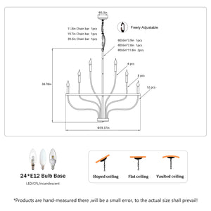 24-Light Black Chandelier Industrial Iron Candle Chandelier Modern Suspended Farmhouse Chandeliers Pendant Light Fixtures For Dining Room Bedroom Living Room Kitchen Island Foyer E12 Bulb